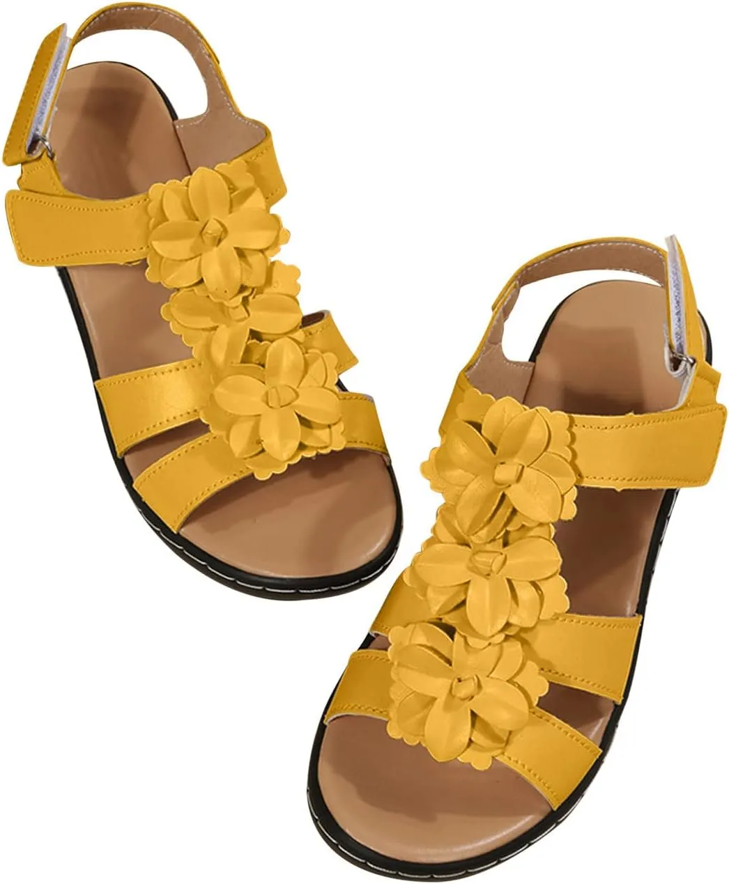 Womens Sandals Ankle Strap Summer Beach Sandals Comfort Walking Shoes Bohemian Flowers Dressy Casual Flats Footwear