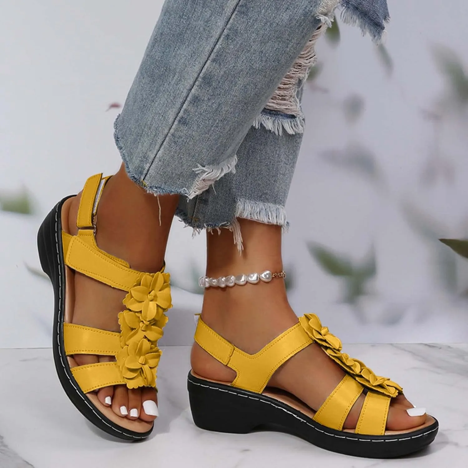 Womens Sandals Ankle Strap Summer Beach Sandals Comfort Walking Shoes Bohemian Flowers Dressy Casual Flats Footwear
