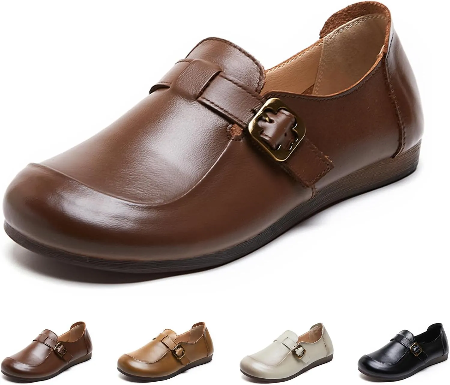 Women's Slip-on Casual SOFE Leather Loafers,Classic Leather Roude-Toe Metal Buckle Driving Flats Shoes Comfort SOFE Sole Mom Dressy Low Heel Office Work Penny Loafers