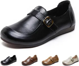 Women's Slip-on Casual SOFE Leather Loafers,Classic Leather Roude-Toe Metal Buckle Driving Flats Shoes Comfort SOFE Sole Mom Dressy Low Heel Office Work Penny Loafers