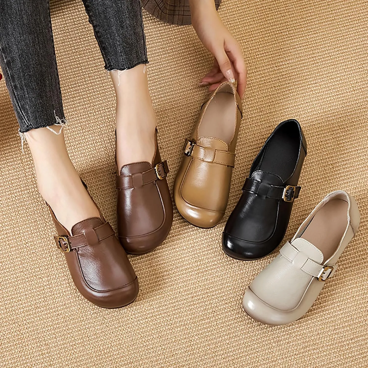 Women's Slip-on Casual SOFE Leather Loafers,Classic Leather Roude-Toe Metal Buckle Driving Flats Shoes Comfort SOFE Sole Mom Dressy Low Heel Office Work Penny Loafers
