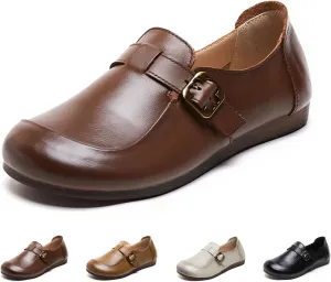 Women's Slip-on Casual SOFE Leather Loafers,Classic Leather Roude-Toe Metal Buckle Driving Flats Shoes Comfort SOFE Sole Mom Dressy Low Heel Office Work Penny Loafers