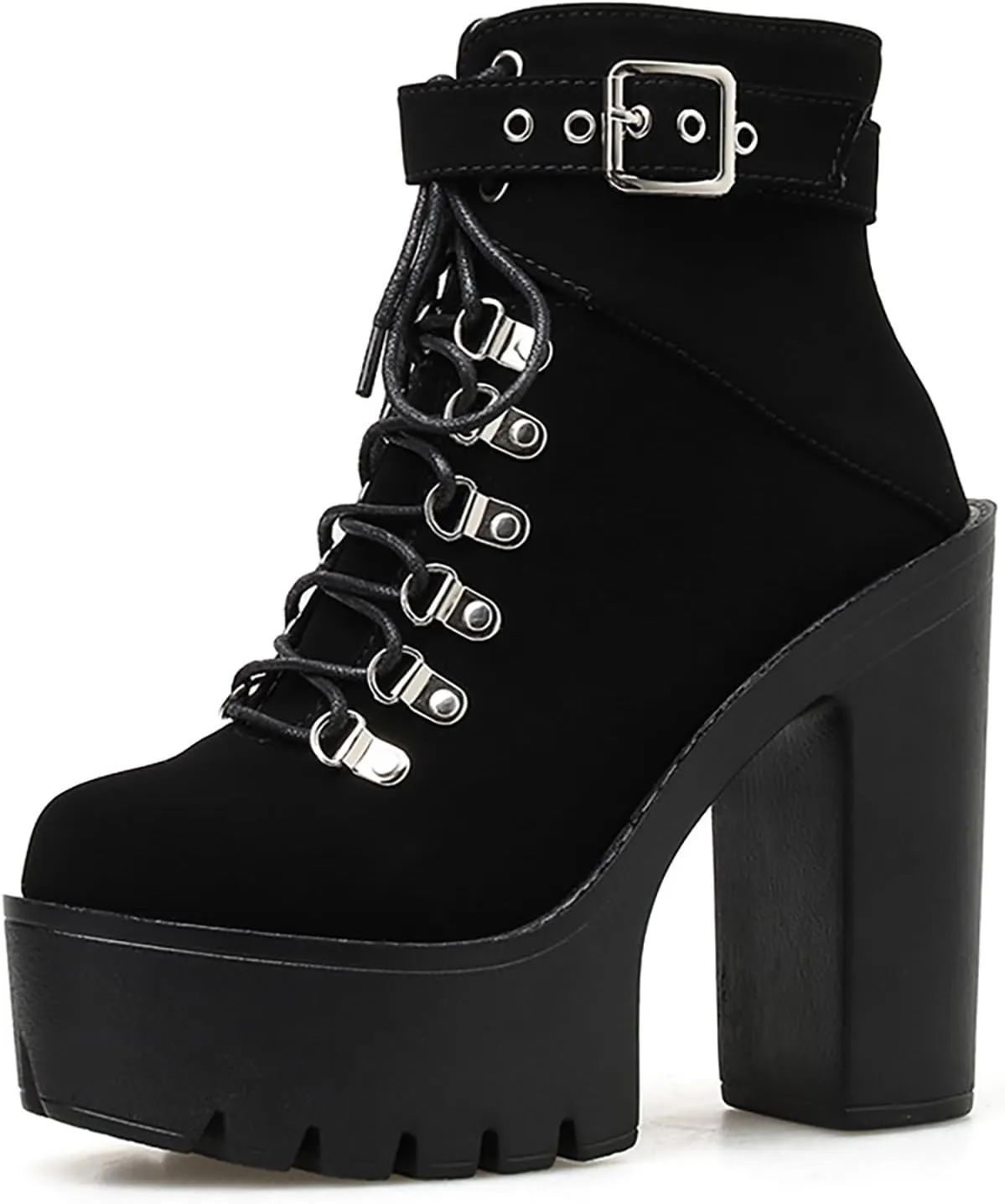 Women'S Suede Lace-Up Platform Heel Ankle Boots Fashion Metal Buckle Side Zipper High Chunky Heels Goth Booties For Cosplay Party Motorcycle Combat Boots