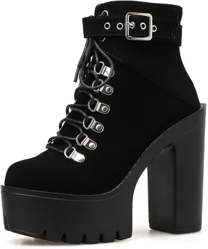 Women'S Suede Lace-Up Platform Heel Ankle Boots Fashion Metal Buckle Side Zipper High Chunky Heels Goth Booties For Cosplay Party Motorcycle Combat Boots