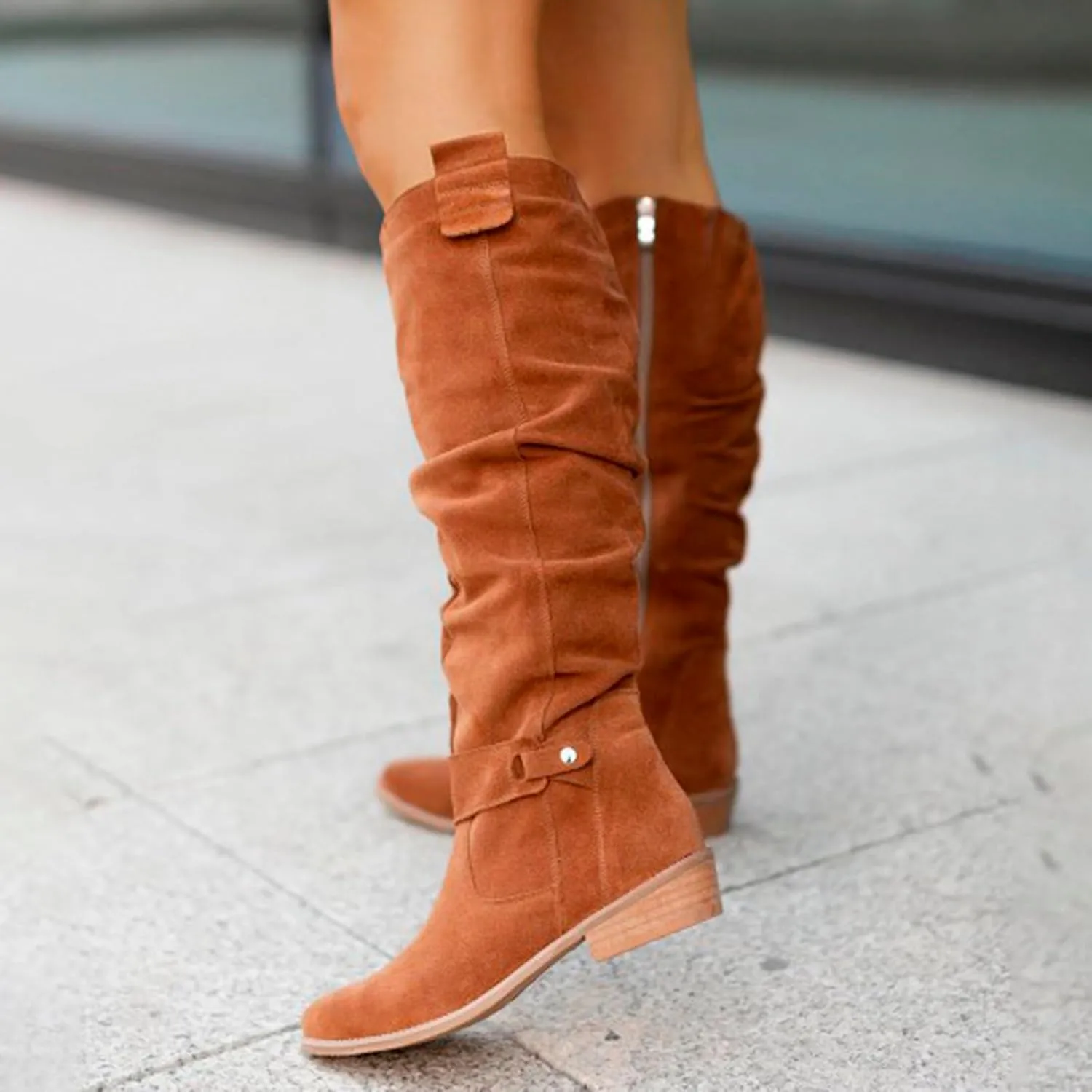 Women's Vintage Style Boots Solid Suede Side Zipper Trim with Fashion Knee Length Boots Comfort Boots