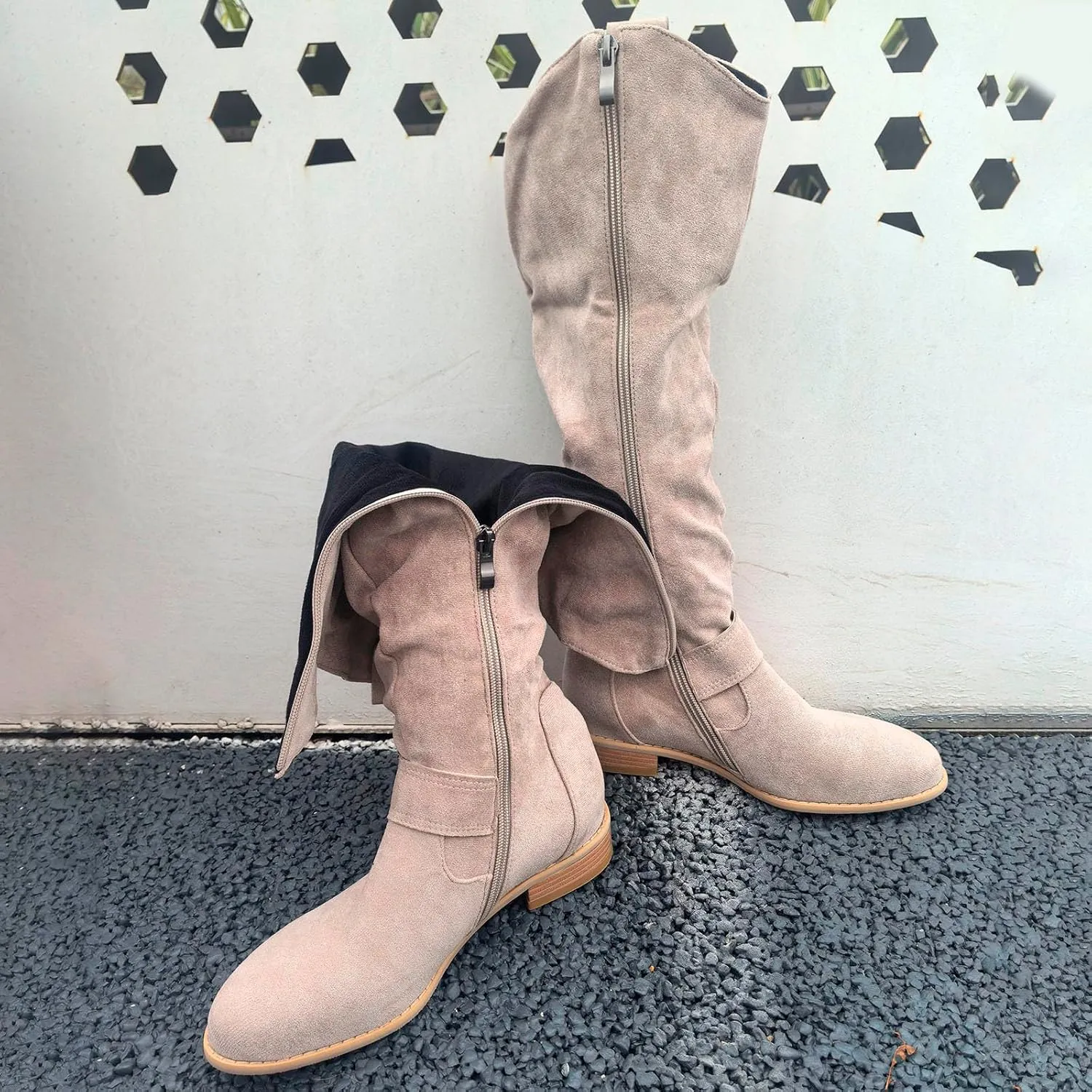 Women's Vintage Style Boots Solid Suede Side Zipper Trim with Fashion Knee Length Boots Comfort Boots