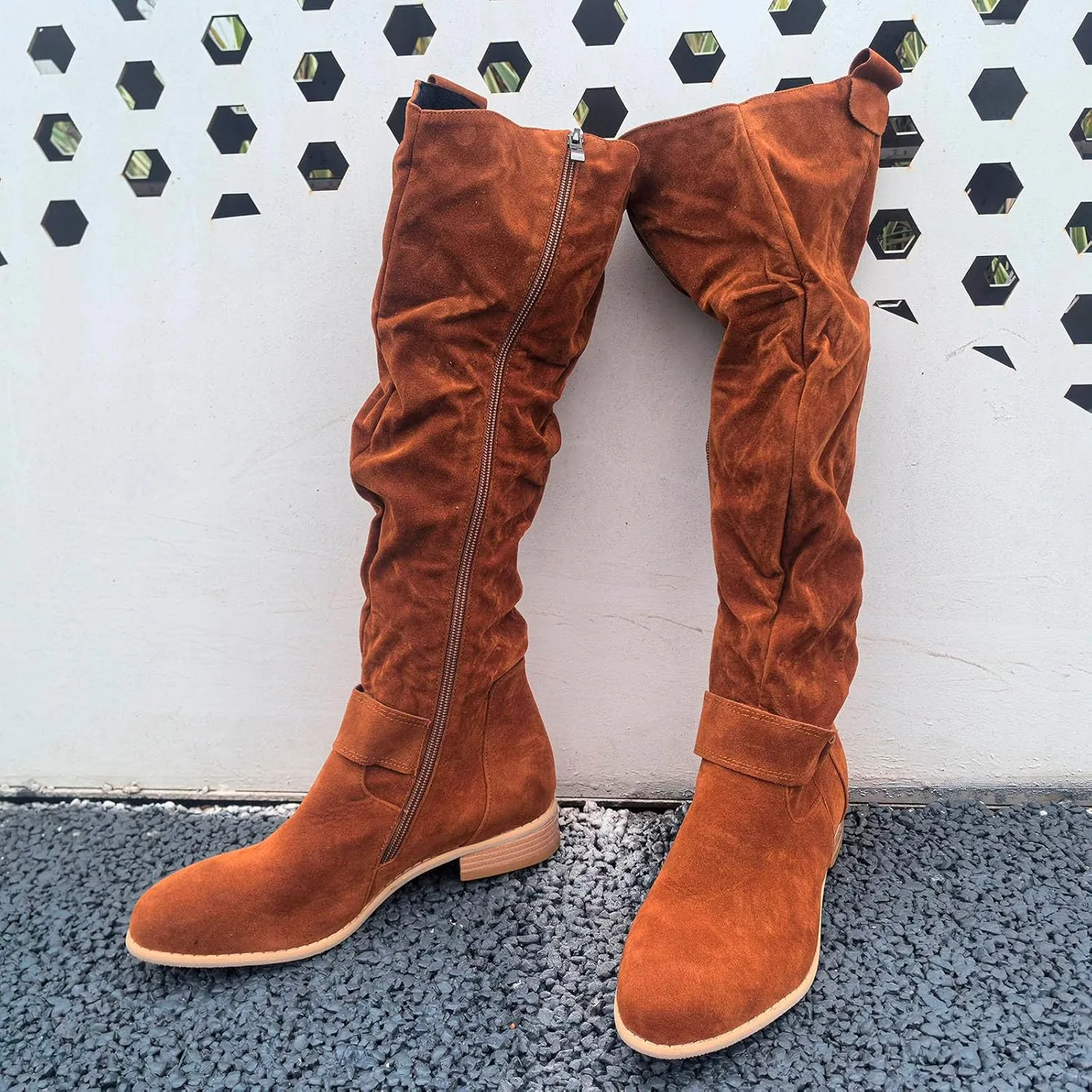 Women's Vintage Style Boots Solid Suede Side Zipper Trim with Fashion Knee Length Boots Comfort Boots