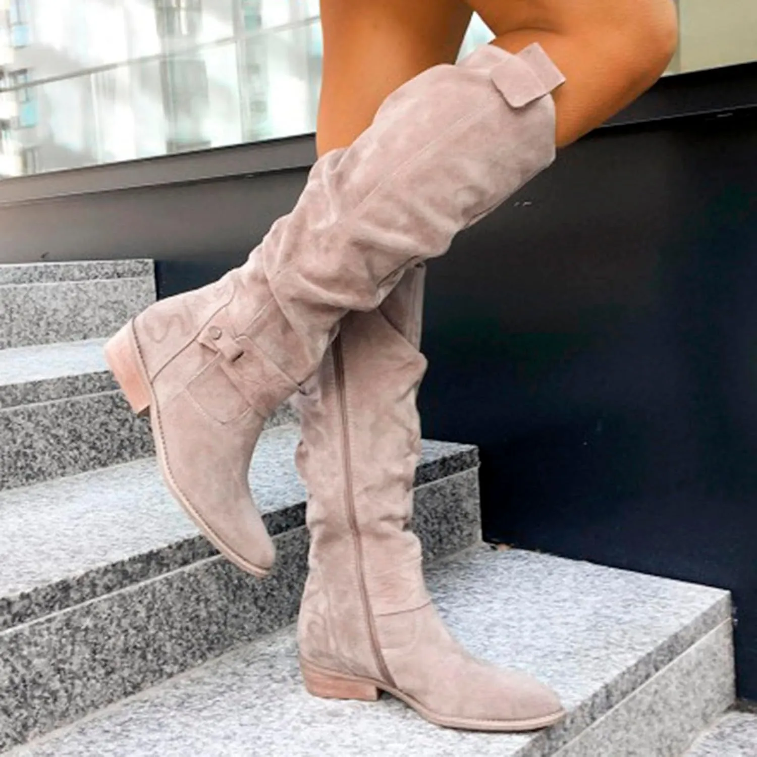 Women's Vintage Style Boots Solid Suede Side Zipper Trim with Fashion Knee Length Boots Comfort Boots