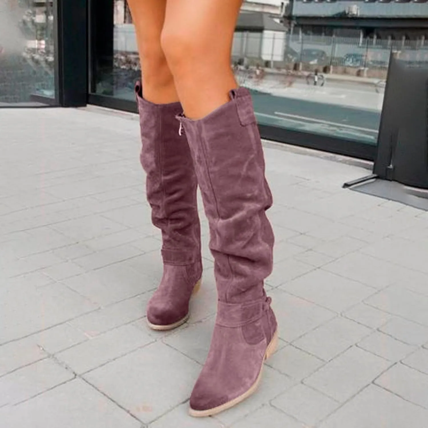 Women's Vintage Style Boots Solid Suede Side Zipper Trim with Fashion Knee Length Boots Comfort Boots