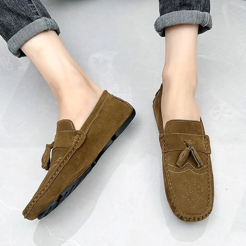 WOUND Mens Loafers Shoe Nubuck Leather Tassel Penny Driving Loafers Flexible Flat Heel Anti-Slip Classic Slip-on (Color : Brown, Size : 7)