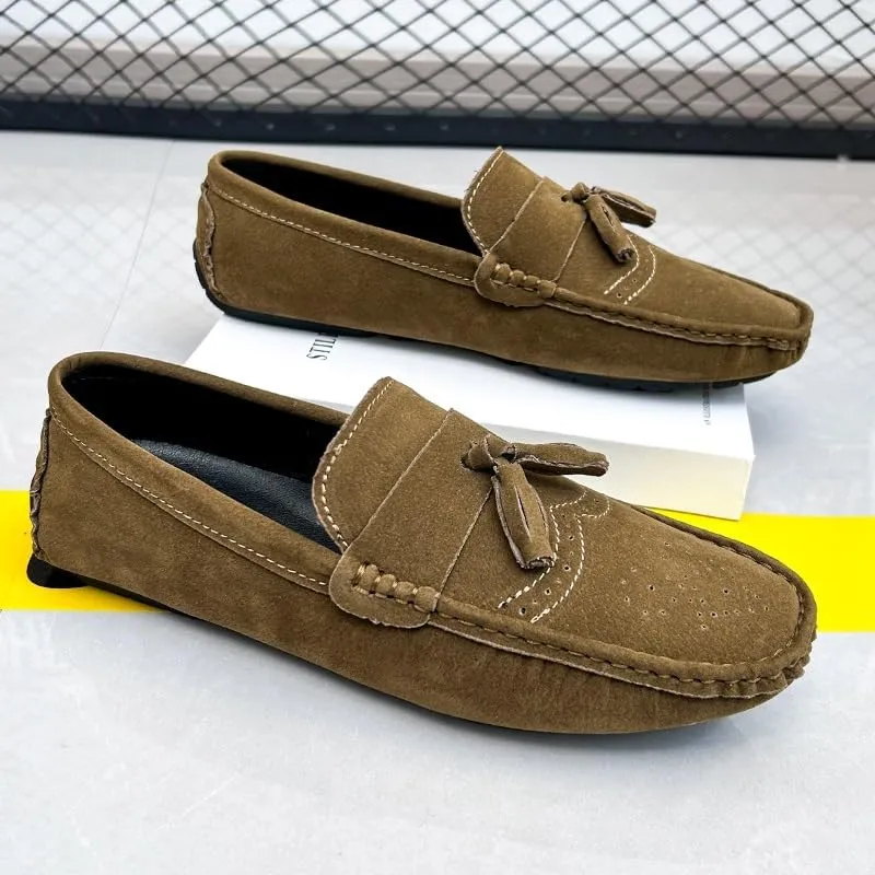 WOUND Mens Loafers Shoe Nubuck Leather Tassel Penny Driving Loafers Flexible Flat Heel Anti-Slip Classic Slip-on (Color : Brown, Size : 7)