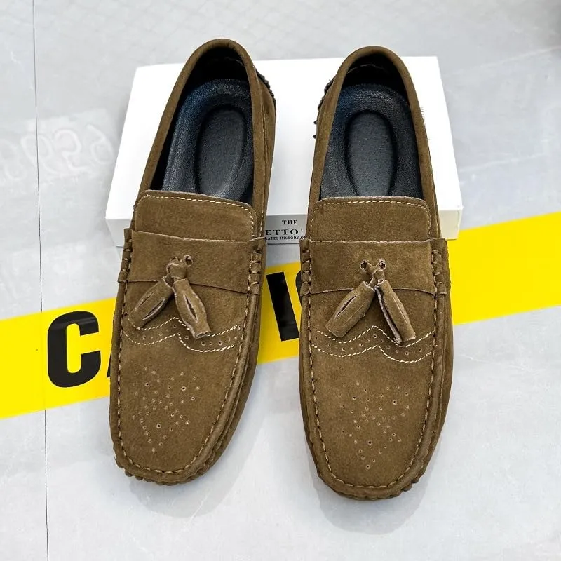 WOUND Mens Loafers Shoe Nubuck Leather Tassel Penny Driving Loafers Flexible Flat Heel Anti-Slip Classic Slip-on (Color : Brown, Size : 7)