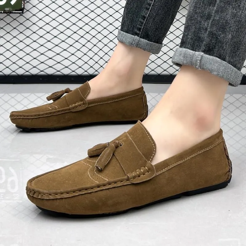 WOUND Mens Loafers Shoe Nubuck Leather Tassel Penny Driving Loafers Flexible Flat Heel Anti-Slip Classic Slip-on (Color : Brown, Size : 7)