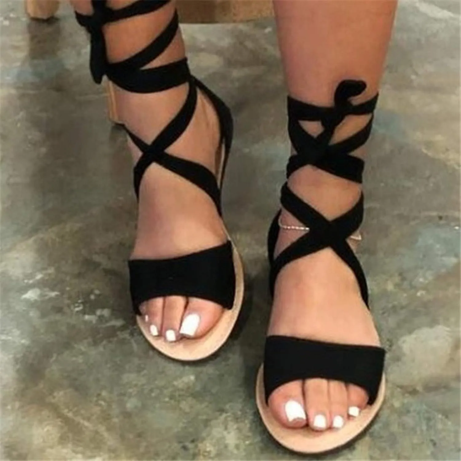 Yanzhenglip Sandals Women Dressy Summer Flat Strappy, Women's Rhinestone Sandals Lace-Up Flat Fashion Sandals Retro Peep-Toe Roman Sandals