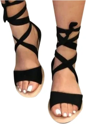 Yanzhenglip Sandals Women Dressy Summer Flat Strappy, Women's Rhinestone Sandals Lace-Up Flat Fashion Sandals Retro Peep-Toe Roman Sandals