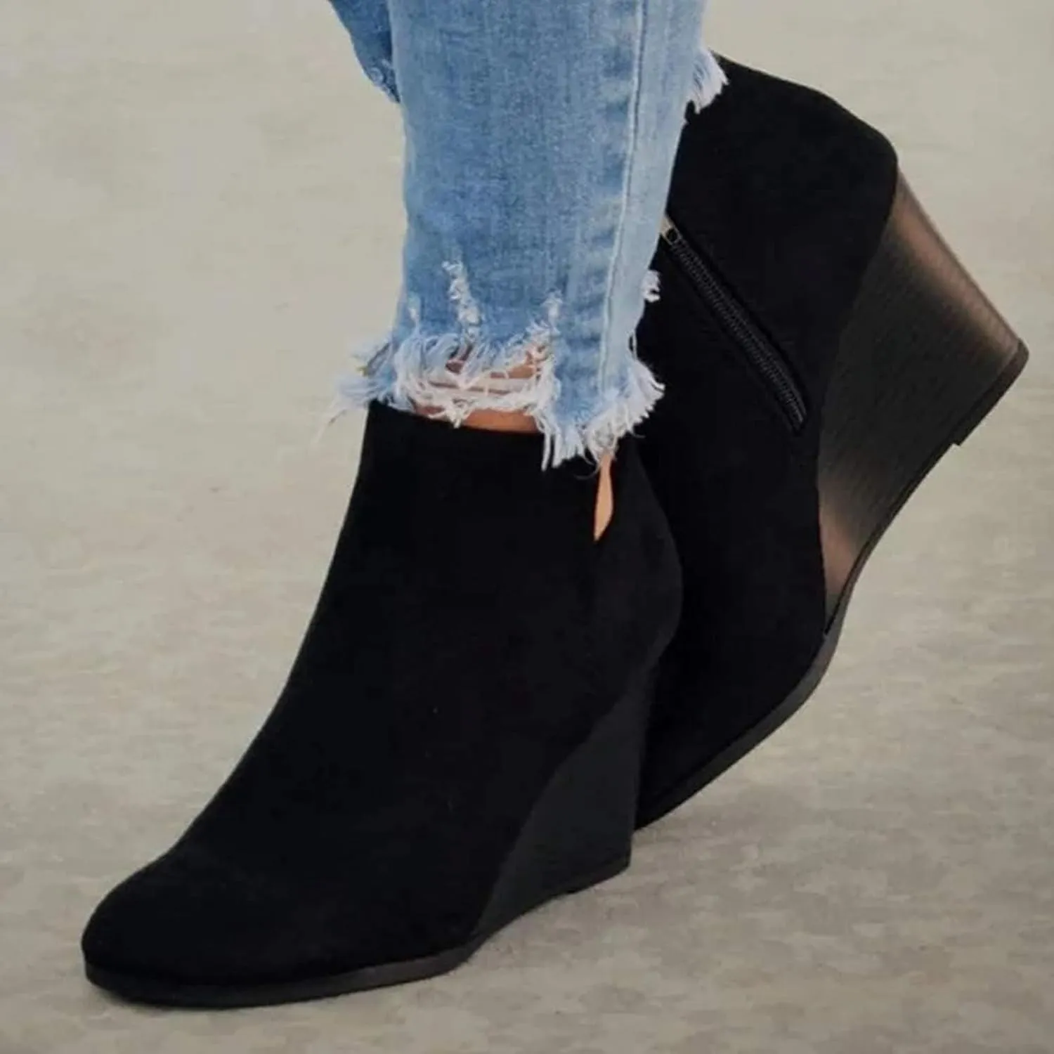ZBYY Women's Wedge Booties,Fashion Suede Side Zipper Boots Chelsea Dress Ankle Booties Thick Heel Round Toe Ankle Shoes