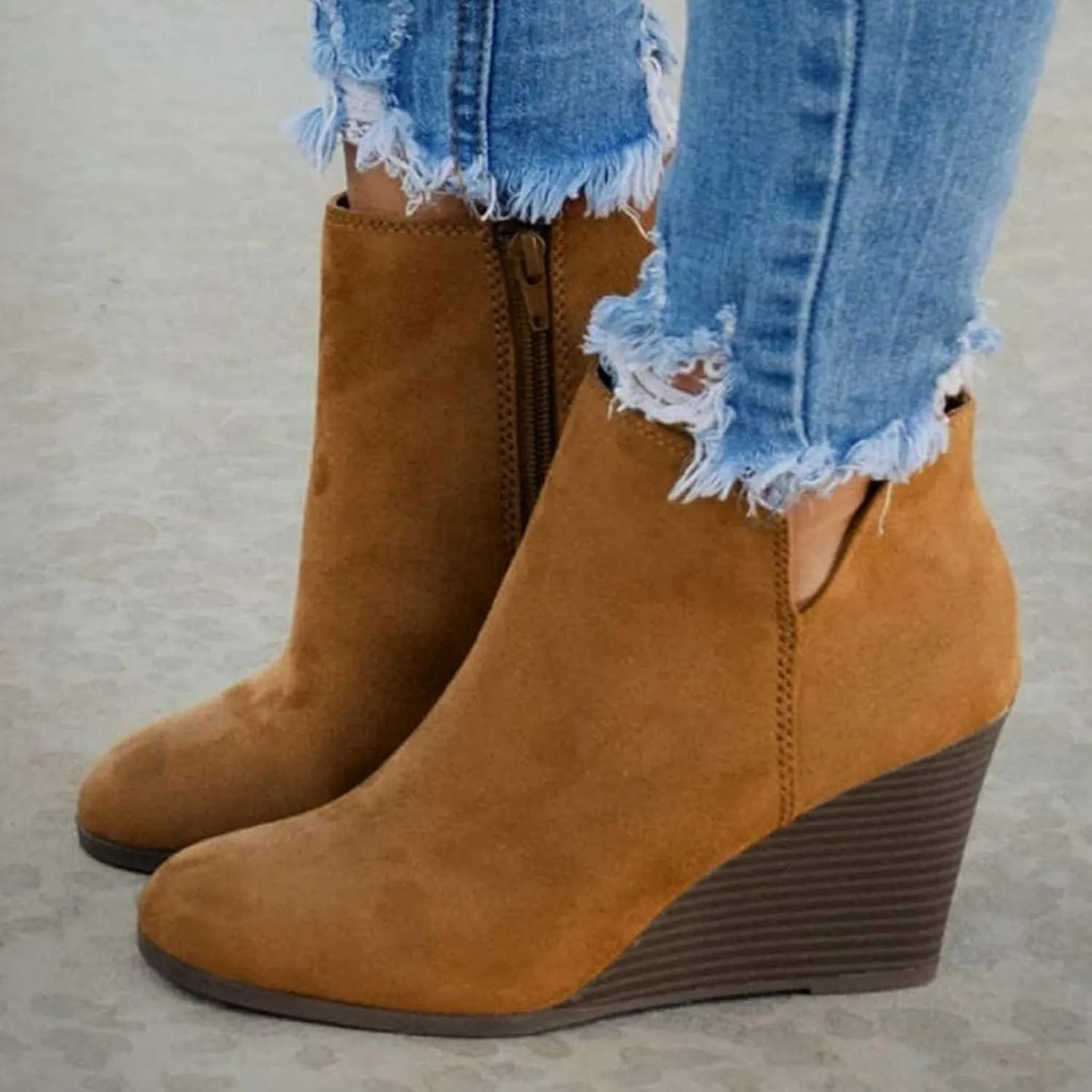 ZBYY Women's Wedge Booties,Fashion Suede Side Zipper Boots Chelsea Dress Ankle Booties Thick Heel Round Toe Ankle Shoes