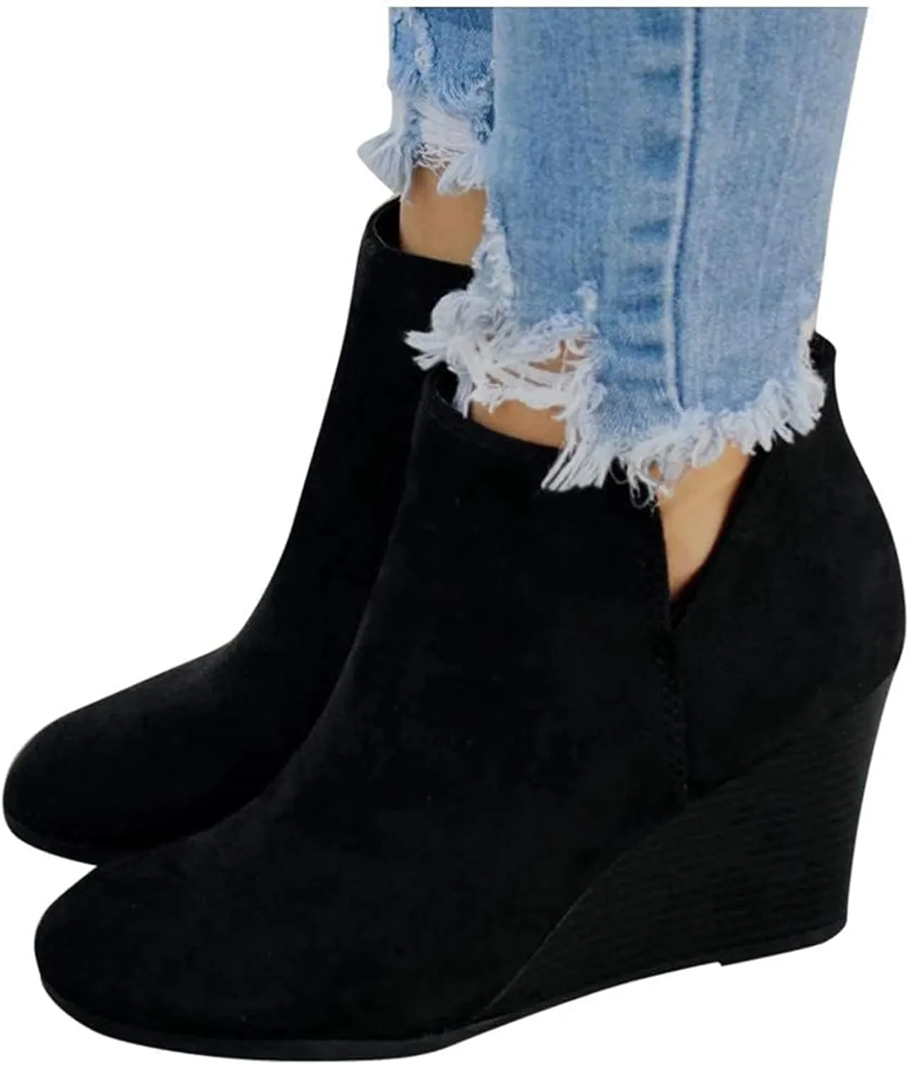 ZBYY Women's Wedge Booties,Fashion Suede Side Zipper Boots Chelsea Dress Ankle Booties Thick Heel Round Toe Ankle Shoes
