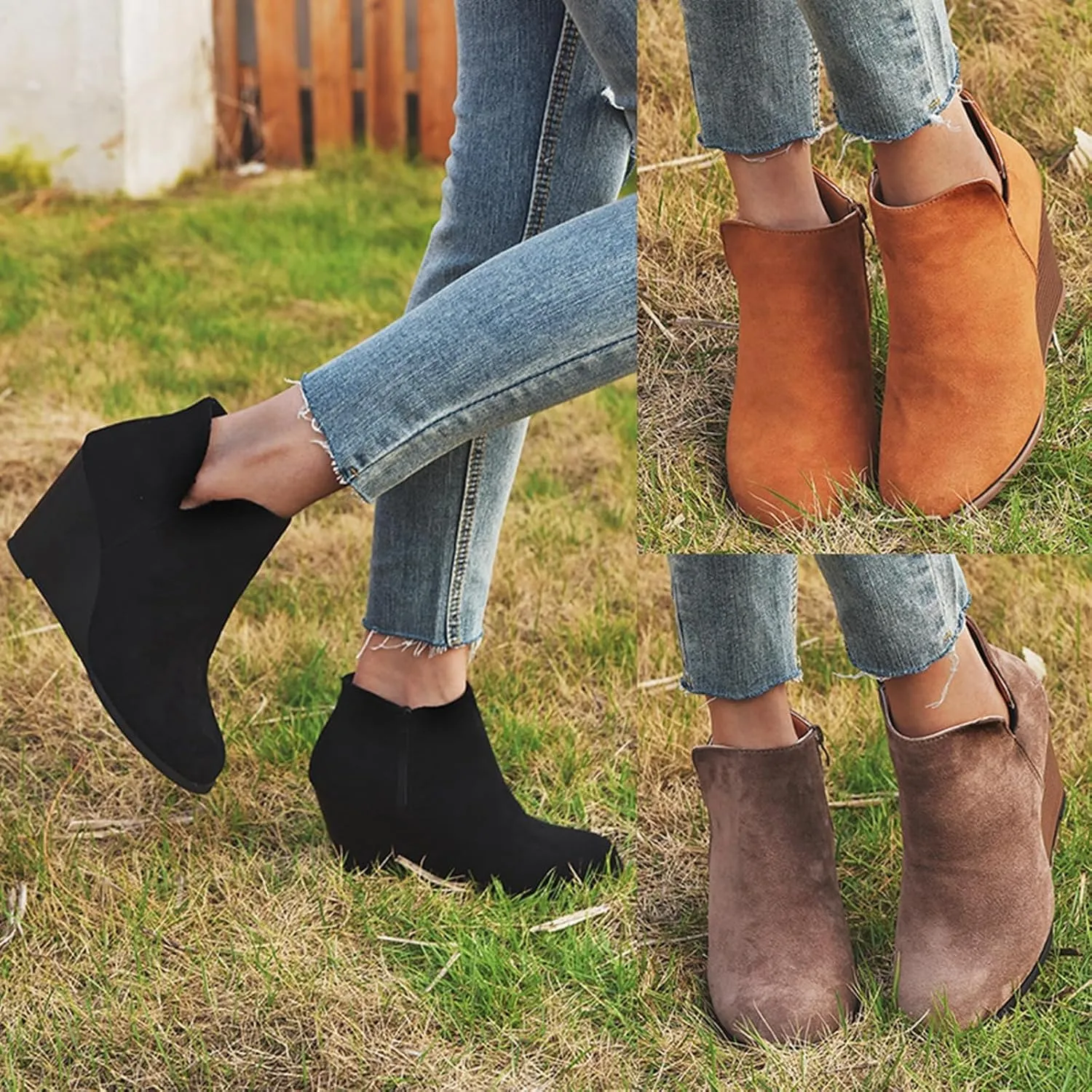 ZBYY Women's Wedge Booties,Fashion Suede Side Zipper Boots Chelsea Dress Ankle Booties Thick Heel Round Toe Ankle Shoes