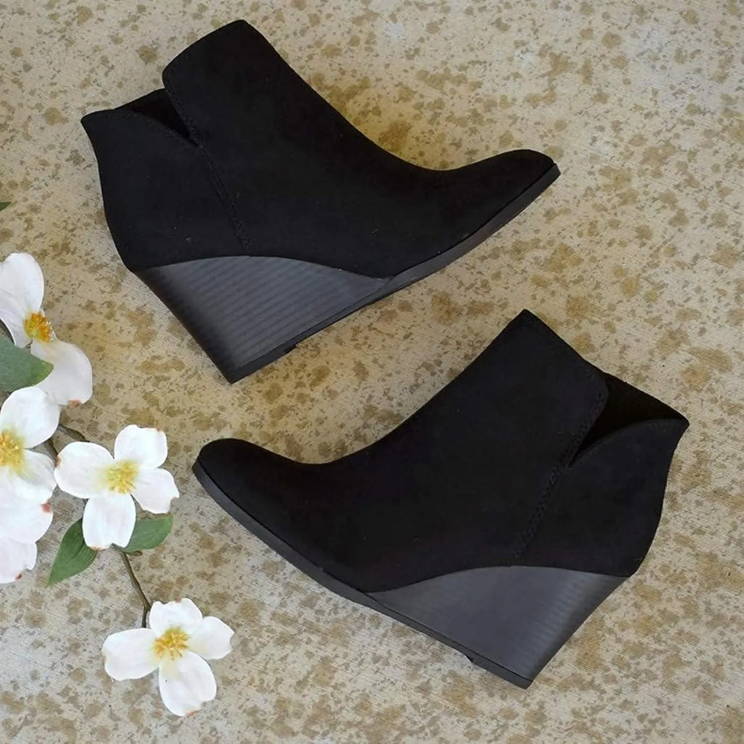 ZBYY Women's Wedge Booties,Fashion Suede Side Zipper Boots Chelsea Dress Ankle Booties Thick Heel Round Toe Ankle Shoes