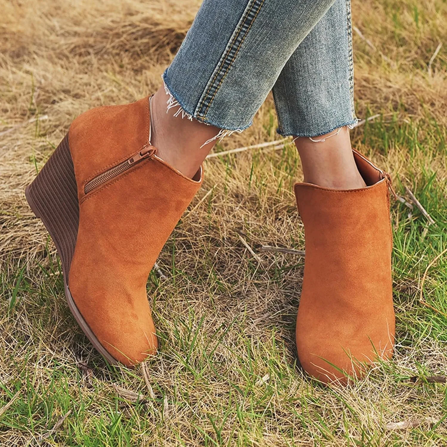 ZBYY Women's Wedge Booties,Fashion Suede Side Zipper Boots Chelsea Dress Ankle Booties Thick Heel Round Toe Ankle Shoes