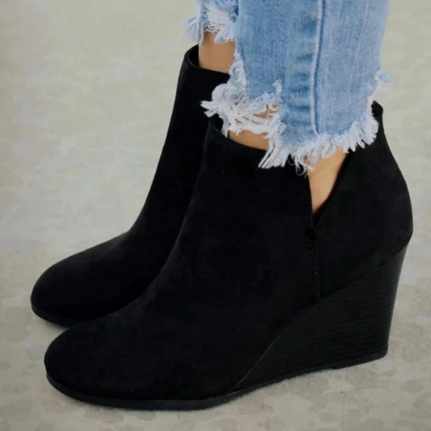 ZBYY Women's Wedge Booties,Fashion Suede Side Zipper Boots Chelsea Dress Ankle Booties Thick Heel Round Toe Ankle Shoes