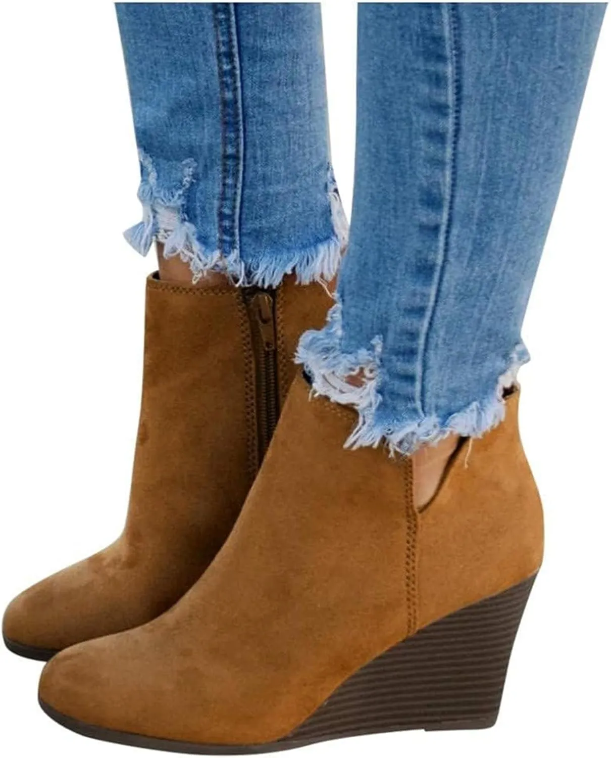ZBYY Women's Wedge Booties,Fashion Suede Side Zipper Boots Chelsea Dress Ankle Booties Thick Heel Round Toe Ankle Shoes