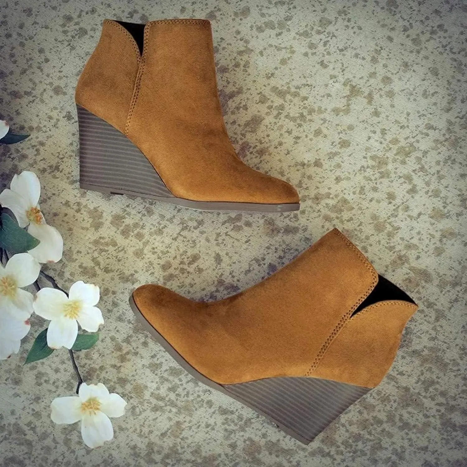 ZBYY Women's Wedge Booties,Fashion Suede Side Zipper Boots Chelsea Dress Ankle Booties Thick Heel Round Toe Ankle Shoes