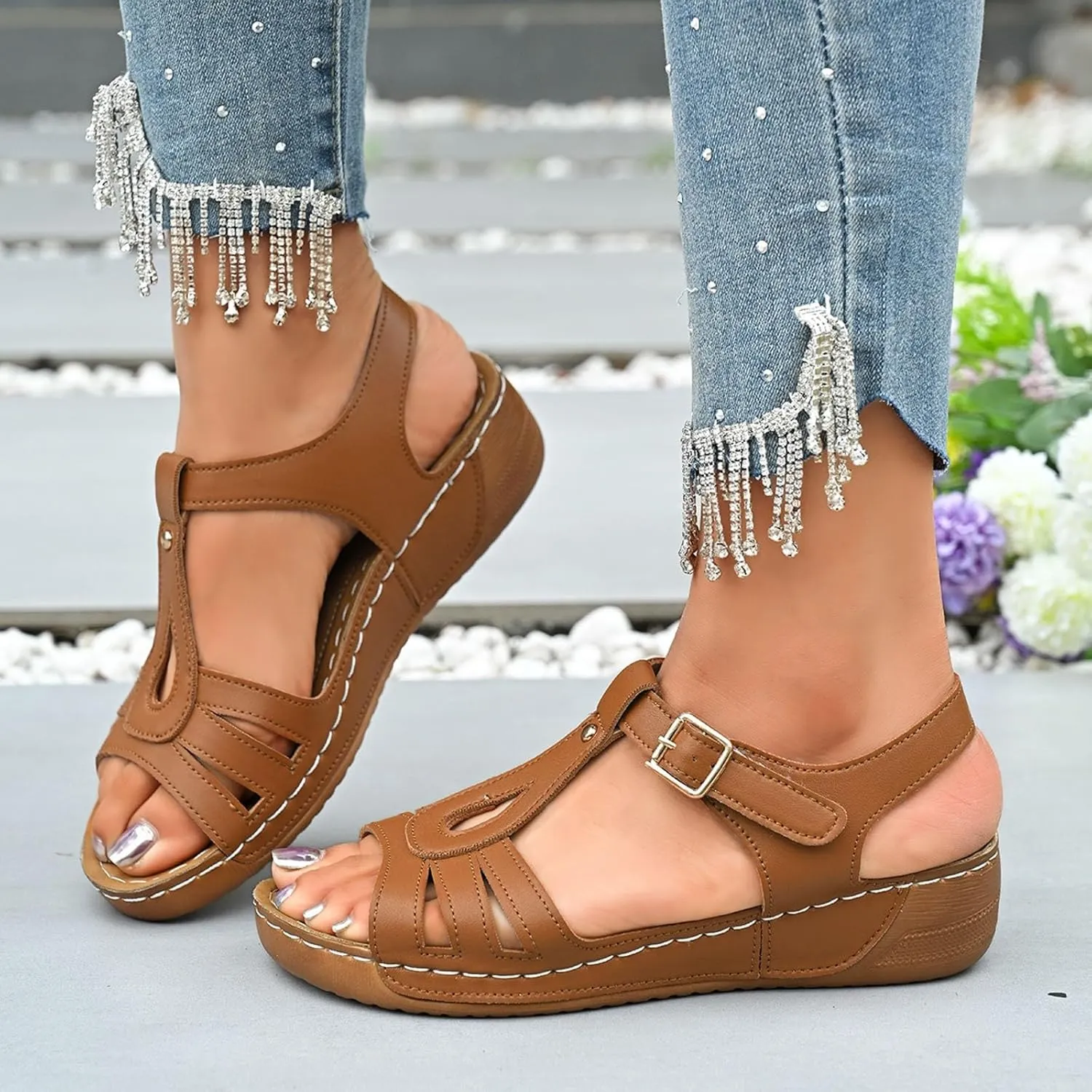 ZSpzx Wedge Sandals for Women Summer Dressy Low Heel For Womens Ankle Strap Open Toe Comfortable Walking Sandal Retro Soft Soled Casual Slip On Wedges Arch Supports Plantar Fasciitis Bunion Slippers
