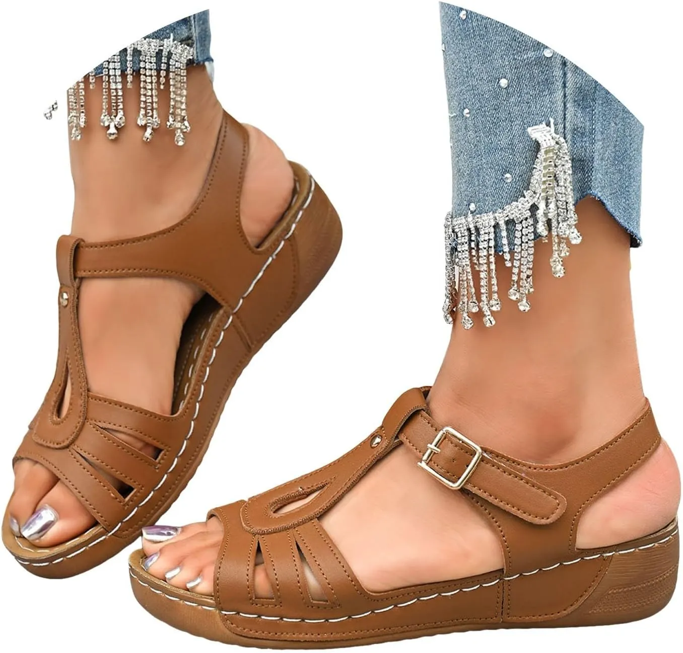 ZSpzx Wedge Sandals for Women Summer Dressy Low Heel For Womens Ankle Strap Open Toe Comfortable Walking Sandal Retro Soft Soled Casual Slip On Wedges Arch Supports Plantar Fasciitis Bunion Slippers