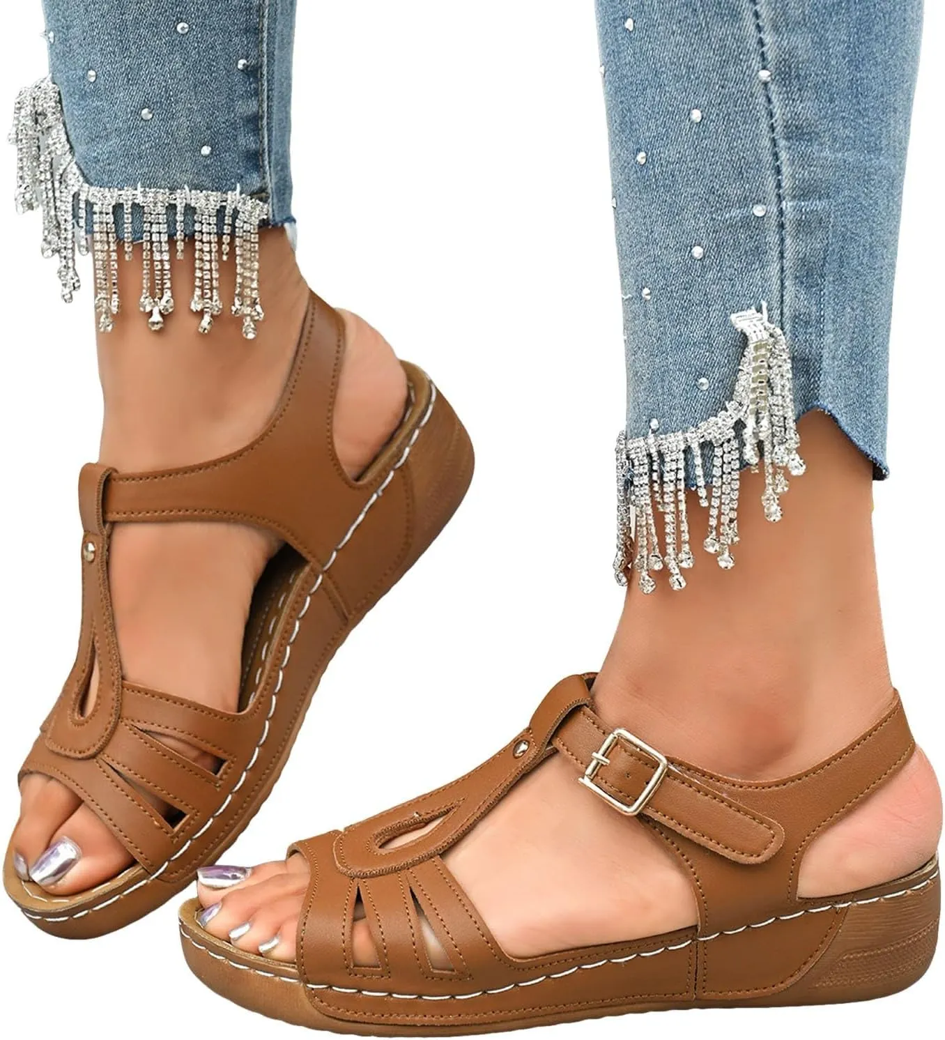 ZSpzx Wedge Sandals for Women Summer Dressy Low Heel For Womens Ankle Strap Open Toe Comfortable Walking Sandal Retro Soft Soled Casual Slip On Wedges Arch Supports Plantar Fasciitis Bunion Slippers
