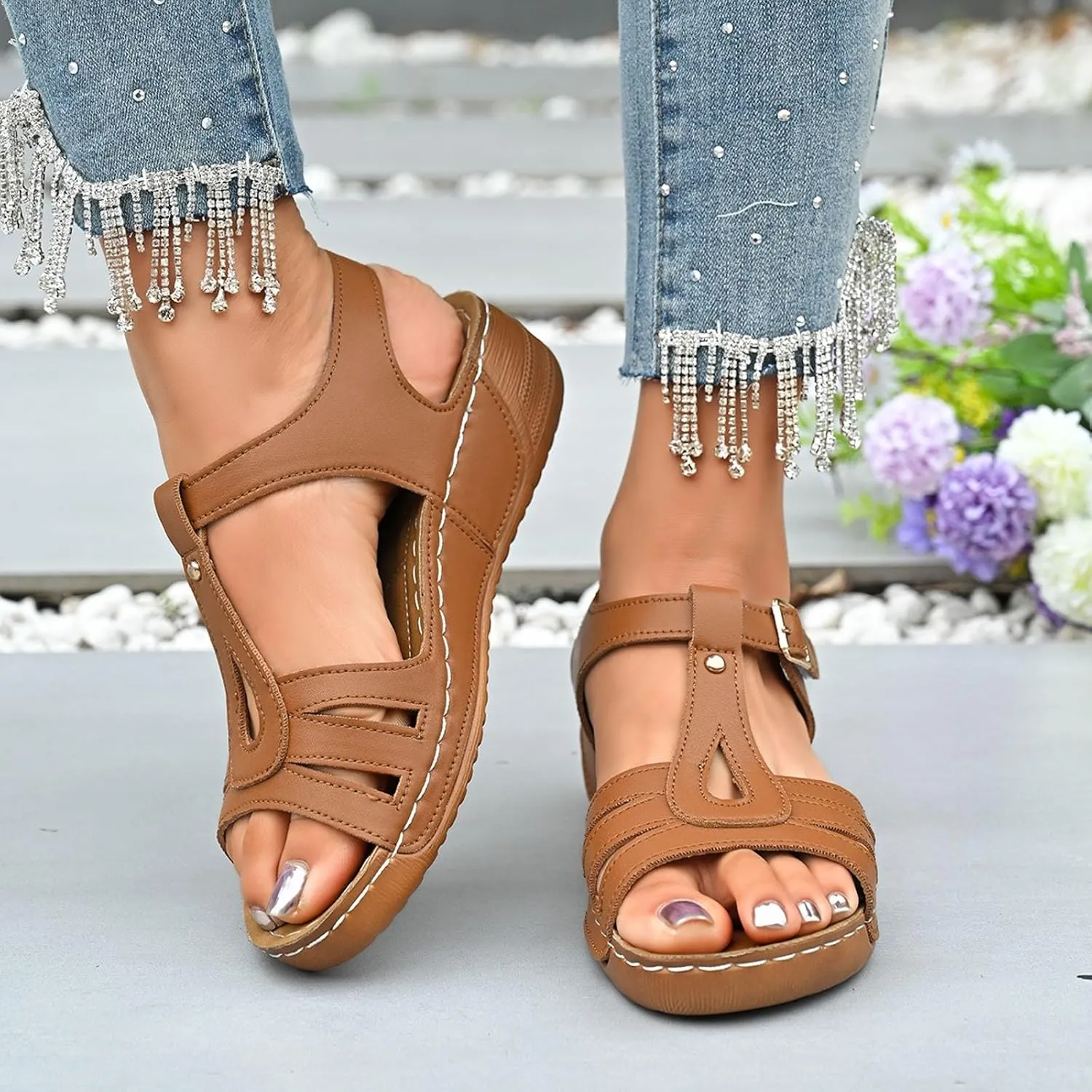 ZSpzx Wedge Sandals for Women Summer Dressy Low Heel For Womens Ankle Strap Open Toe Comfortable Walking Sandal Retro Soft Soled Casual Slip On Wedges Arch Supports Plantar Fasciitis Bunion Slippers
