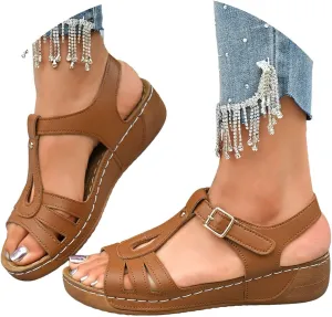 ZSpzx Wedge Sandals for Women Summer Dressy Low Heel For Womens Ankle Strap Open Toe Comfortable Walking Sandal Retro Soft Soled Casual Slip On Wedges Arch Supports Plantar Fasciitis Bunion Slippers